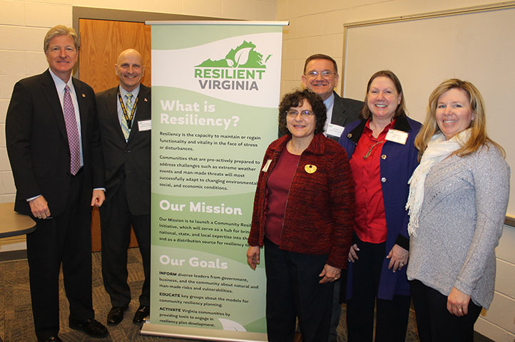 Secretary of Public Safety and Homeland Security Brian Moran with Resilient Virginia Launch Meeting organizers Jerry Walker, Annette Osso, Harry Gregori, Pamela Vosburgh, and Bryna Dunn