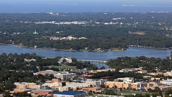 Aerial view of Old Dominion University near the James River. Courtesy of Clark Nexsen.