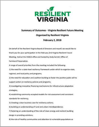 Summary of Outcomes - Virginia Resilient Future Meeting (February 2018)