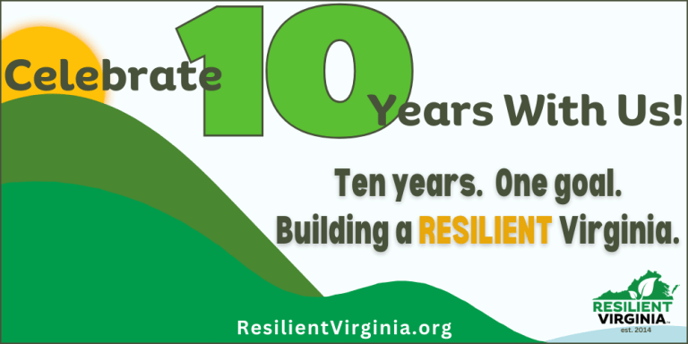Graphic of sun, mountain, and water with text Celebrate 10 years with us! Ten years. One goal. Building a Resilient Virginia.